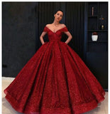 Burgundy Sequin Ball Gown Off the Shoulder Prom Dresses Formal Evening Quinceanera Dress