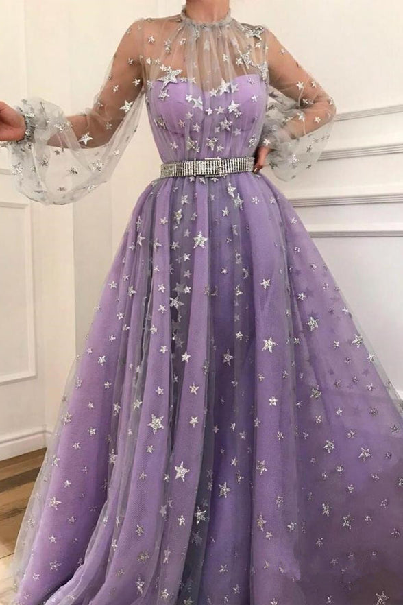 High Neck Long Sleeves Grey Star Lace Light Purple Fancy Prom Dresses Formal Evening Dress