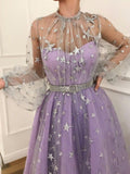 High Neck Long Sleeves Grey Star Lace Light Purple Fancy Prom Dresses Formal Evening Dress