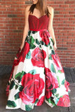 Fashion A Line Strapless Red Printed Beaded Long Prom Dresses Formal Evening Fancy Dress