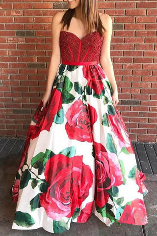 Fashion A Line Strapless Red Printed Beaded Long Prom Dresses Formal Evening Fancy Dress