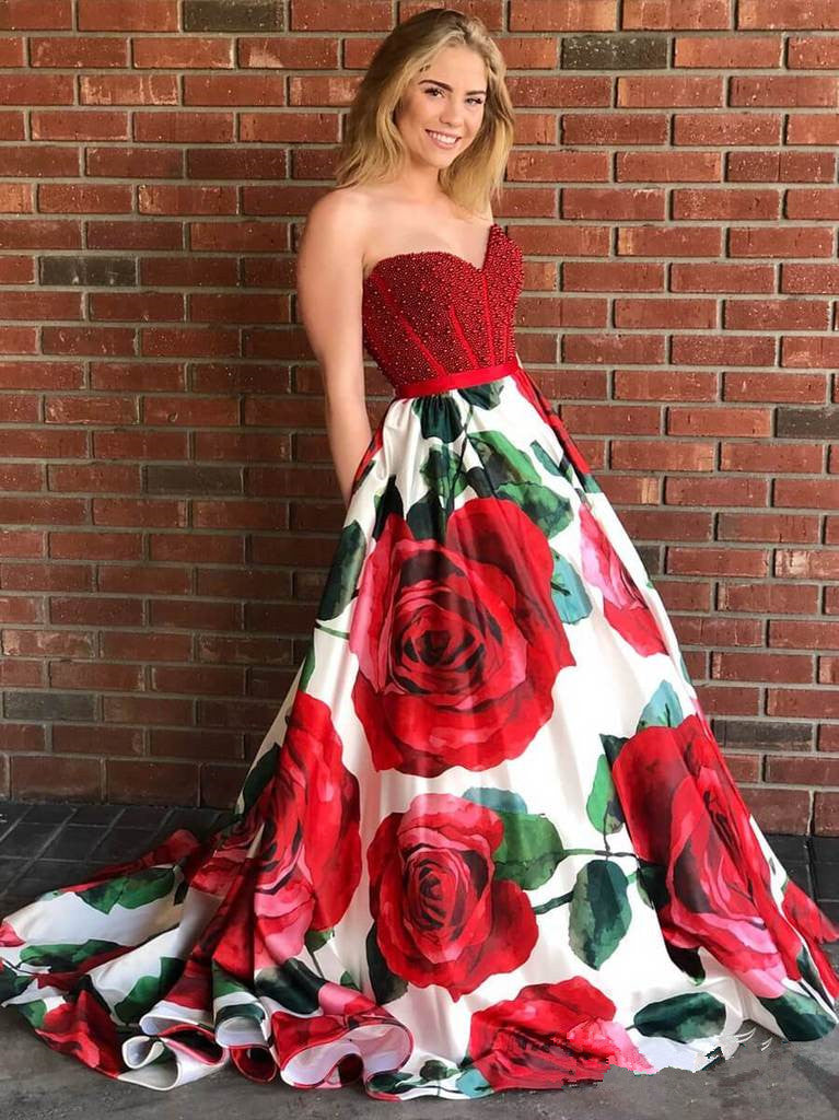 Fashion A Line Strapless Red Printed Beaded Long Prom Dresses Formal Evening Fancy Dress