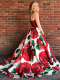 Fashion A Line Strapless Red Printed Beaded Long Prom Dresses Formal Evening Fancy Dress