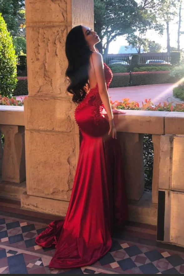 Sexy Burgundy Open Back V Neck Mermaid Long Fancy Prom Dresses Formal ...