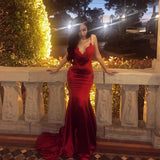 Sexy Burgundy Open Back V Neck Lace Mermaid Long Fancy Prom Dresses Formal Evening Dress LD1767