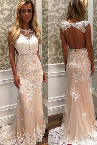 Open Back Cap Sleeves Lace Appliques Sheath Long Prom Dresses Formal Evening Fancy Dress