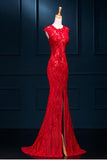 See Through Red Lace Mermaid Silt Sexy Evening Party Dresses Prom Dress