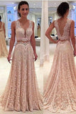 Two Piece V Neck Open Back Pink Lace Long Prom Dresses Formal Evening Fancy Dress