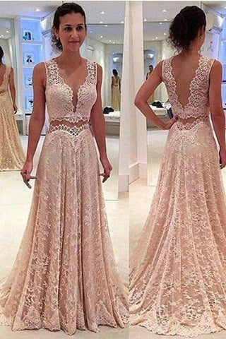 Two Piece V Neck Open Back Pink Lace Long Prom Dresses Formal Evening Fancy Dress