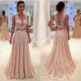 Two Piece V Neck Open Back Pink Lace Long Prom Dresses Formal Evening Fancy Dress