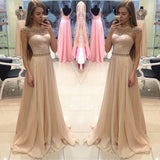 Fashion A Line Cap Sleeves Beaded Long Prom Dresses Formal Evening Fancy Dress