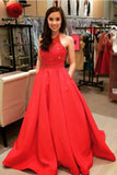 A Line Halter Beaded Red Satin Long Prom Dresses With Pocket