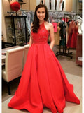 A Line Halter Beaded Red Satin Long Prom Dresses With Pocket
