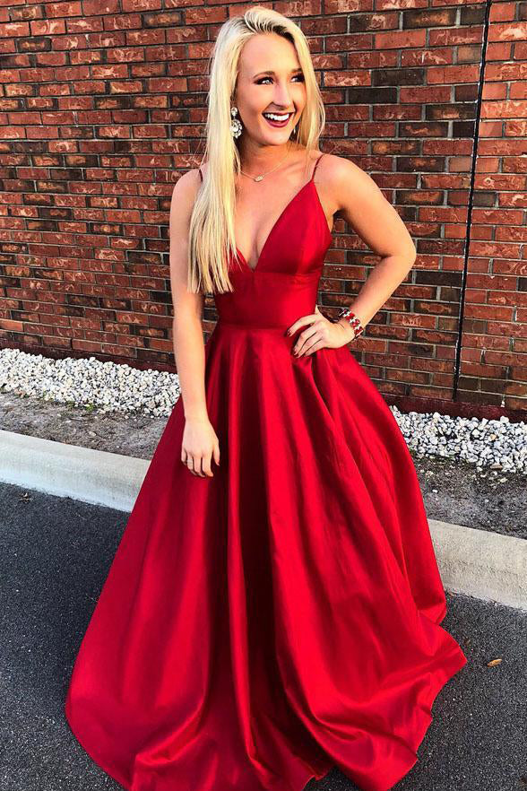 Spaghetti Straps V Neck Red Satin Long Fancy Prom Dresses Formal Evening Grad Dress