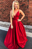 Spaghetti Straps V Neck Red Satin Long Fancy Prom Dresses Formal Evening Grad Dress