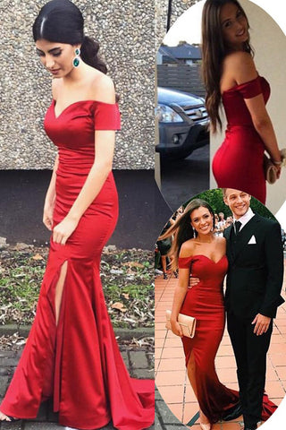 Mermaid Off the Shoulder Red Slit Long Simple Prom Dresses Formal Evening Fancy Dress