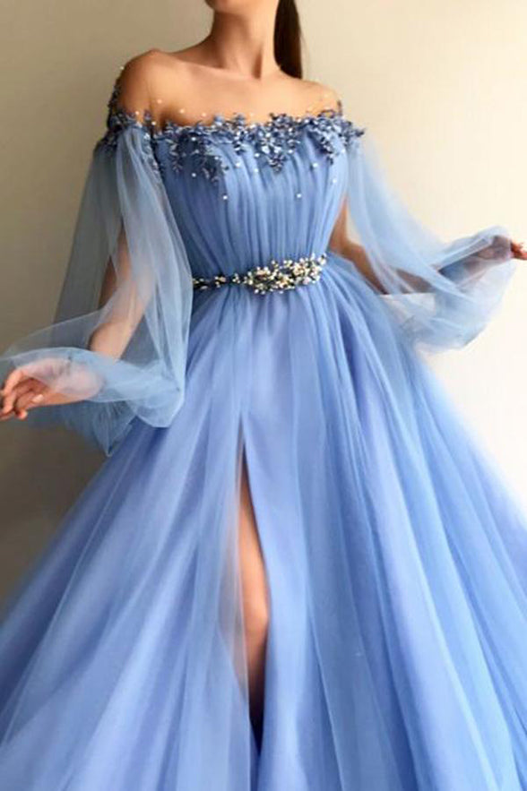 Chic Long Sleeves Light Blue Lace Appliques Empire Waist Prom Dresses Formal Evening Dress