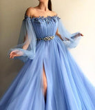 Chic Long Sleeves Light Blue Lace Appliques Empire Waist Prom Dresses Formal Evening Dress