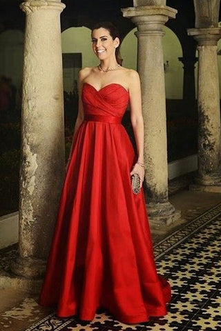 A Line Strapless Red Empire Waist Floor Length Fancy Prom Dresses Formal Evening Dress