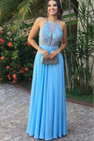 Fashion Light Blue Lace Halter See Through Long Prom Dresses Formal Evening Fancy Dress