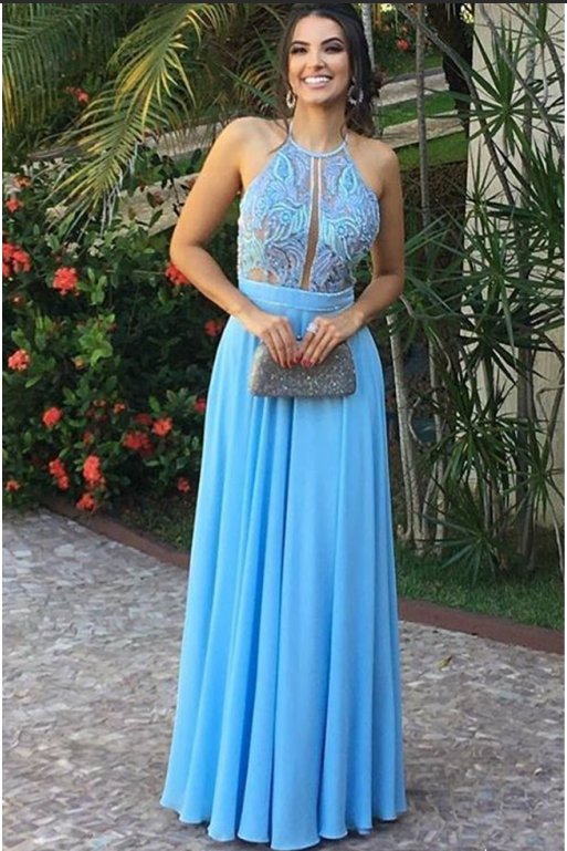 Fashion Light Blue Lace Halter See Through Long Prom Dresses Formal Ev ...