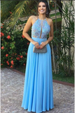 Fashion Light Blue Lace Halter See Through Long Prom Dresses Formal Evening Fancy Dress