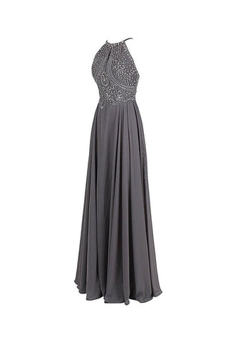 Beads High Neck Open Back Grey Long Evening Party Dresses Prom Dress