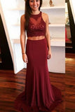 Two Piece Open Back Burgundy Mermaid High Neck Prom Dresses Formal Evening Fancy Dress