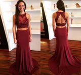 Two Piece Open Back Burgundy Mermaid High Neck Prom Dresses Formal Evening Fancy Dress