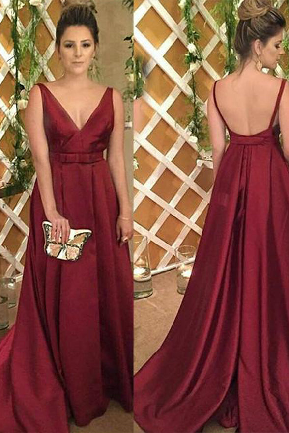 Simple V Neck A Line Burgundy Satin Bow Long Fancy Prom Dresses Formal Evening Grad Dress