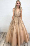 A Line Princess V Neck Lace Gold Long Prom Dresses