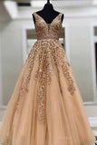 A Line Princess V Neck Lace Gold Long Prom Dresses