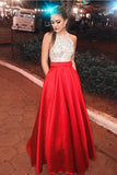 A Line Halter Red Beaded Long Prom Dresses With Pocket