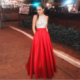 A Line Halter Red Beaded Long Prom Dresses With Pocket