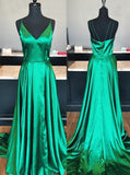 Simple V Neck Spaghetti Straps Green Slit Long Prom Dresses Formal Evening Fancy Dress