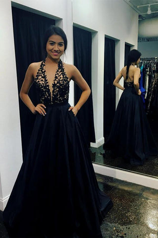 Deep V Neck Halter Lace Black Open Back A Line Prom Dresses Formal Evening Dress With Pocket