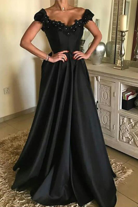 Black Satin Cap Sleeves Beaded Lace Appliques Fancy Prom Dresses Formal Evening Dress