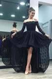 Off the Shoulder Long Sleeves Black Lace  Hi-Lo Fancy Prom Dresses Formal Evening Grad Dress
