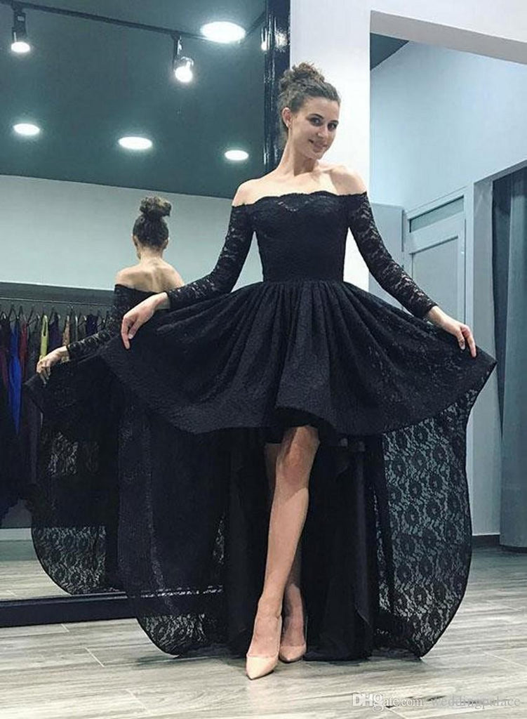 Off the Shoulder Long Sleeves Black Lace  Hi-Lo Fancy Prom Dresses Formal Evening Grad Dress