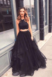 Two Piece Hi-Lo Tiered High Neck Beaded Black Prom Dresses Formal Evening Dress Gown