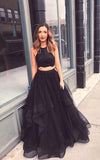 Two Piece Hi-Lo Tiered High Neck Beaded Black Prom Dresses Formal Evening Dress Gown