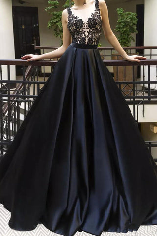 A Line Black See Through Lace Satin Long Prom Dresses