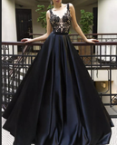 A Line Black See Through Lace Satin Long Prom Dresses