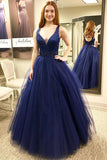 Off the Shoulder V Neck Dark Blue Beaded Prom Dresses Formal Evening Fancy Dress Gowns