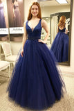 Off the Shoulder V Neck Dark Blue Beaded Prom Dresses Formal Evening Fancy Dress Gowns