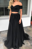 Two Piece Off the Shoulder Short Sleeves Black Long Prom Dresses Formal Evening Dress