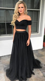 Two Piece Off the Shoulder Short Sleeves Black Long Prom Dresses Formal Evening Dress