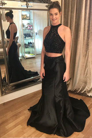 Two Piece High Neck Lace Beaded Black Mermaid Prom Dresses Formal Evening Grad Dress