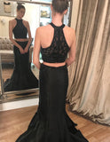 Two Piece High Neck Lace Beaded Black Mermaid Prom Dresses Formal Evening Grad Dress