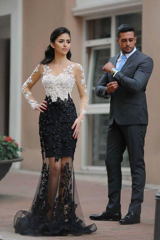 Chic White Black Lace See Through Long Sleeves Mermaid Prom Dresses Formal Evening Dress